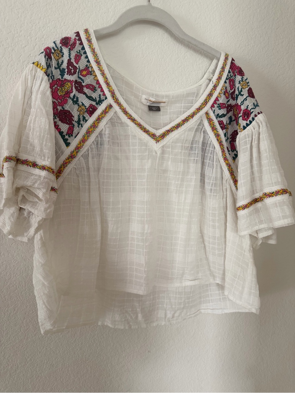 Anthropologie White Gauze Peasant Tunic with Pink & Yellow Floral Embroidery